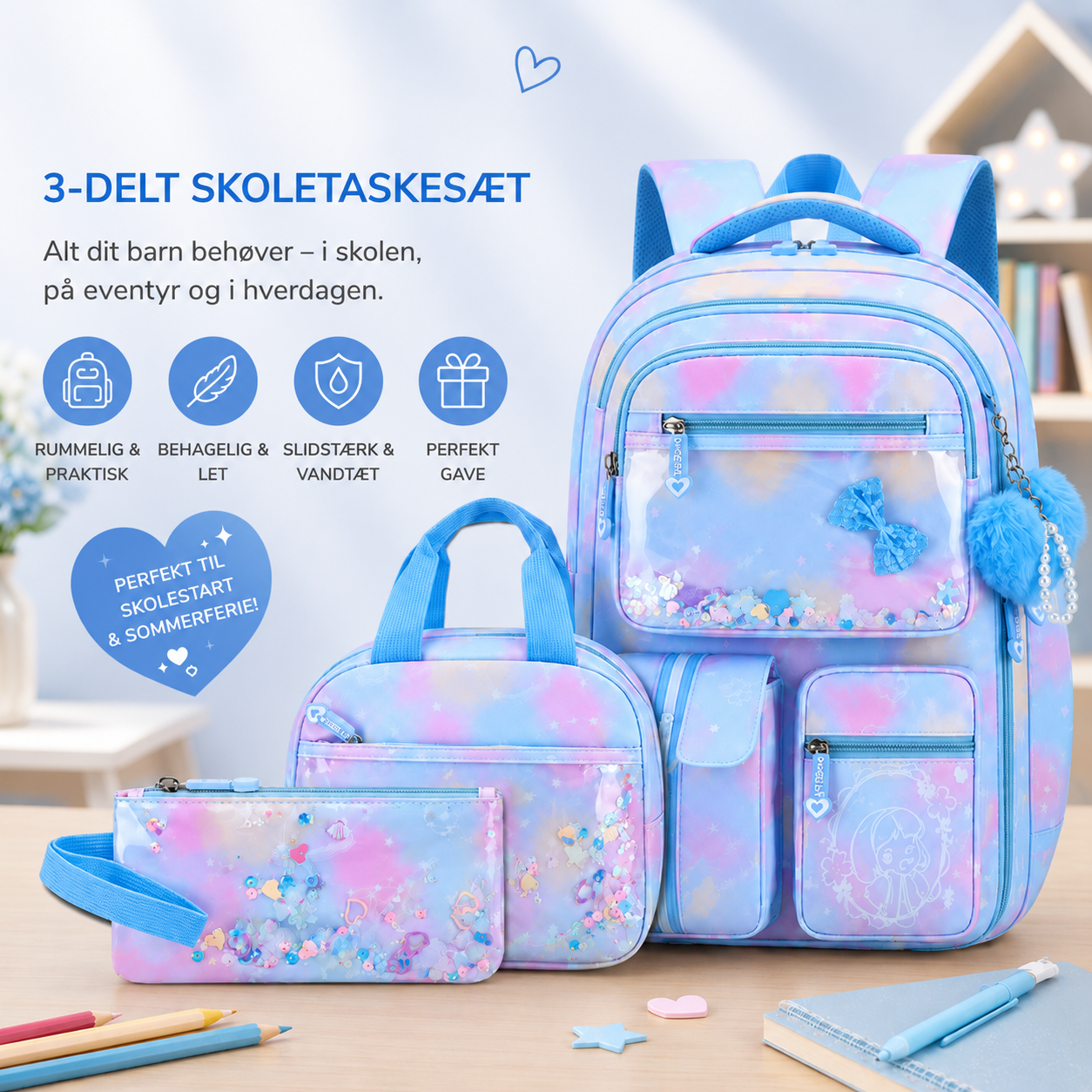 SkoleStjerne™ – 3-delt skoletaske-sæt med glimmer