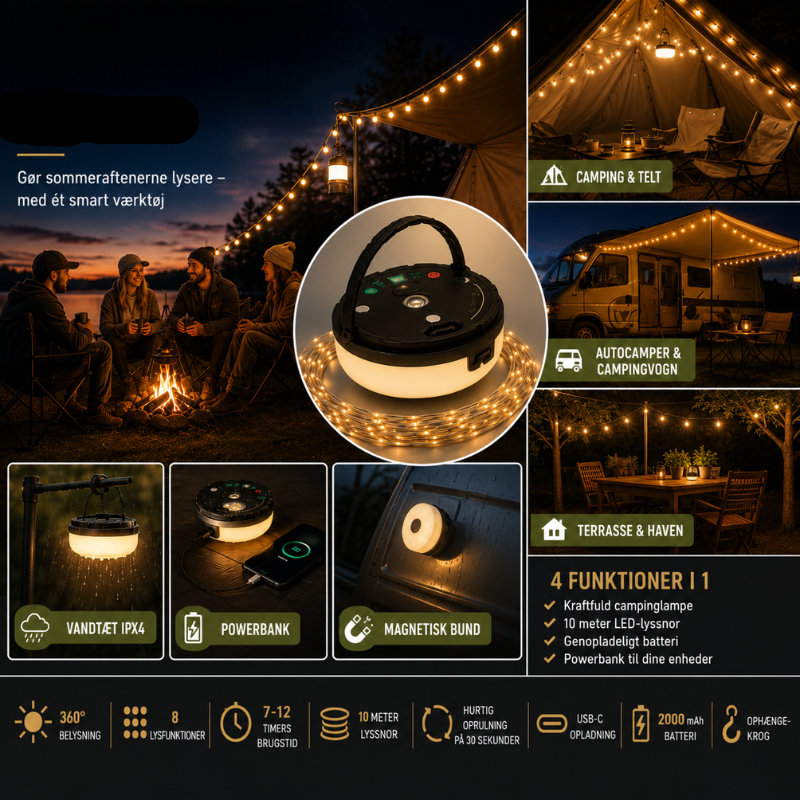 LejrLys™ 4-i-1 – Campinglampe med lyskæde & powerbank