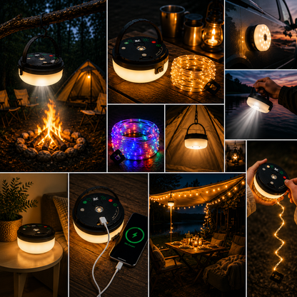LejrLys™ 4-i-1 – Campinglampe med lyskæde & powerbank