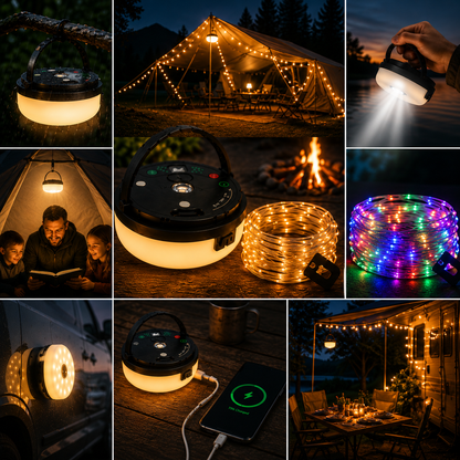 LejrLys™ 4-i-1 – Campinglampe med lyskæde & powerbank