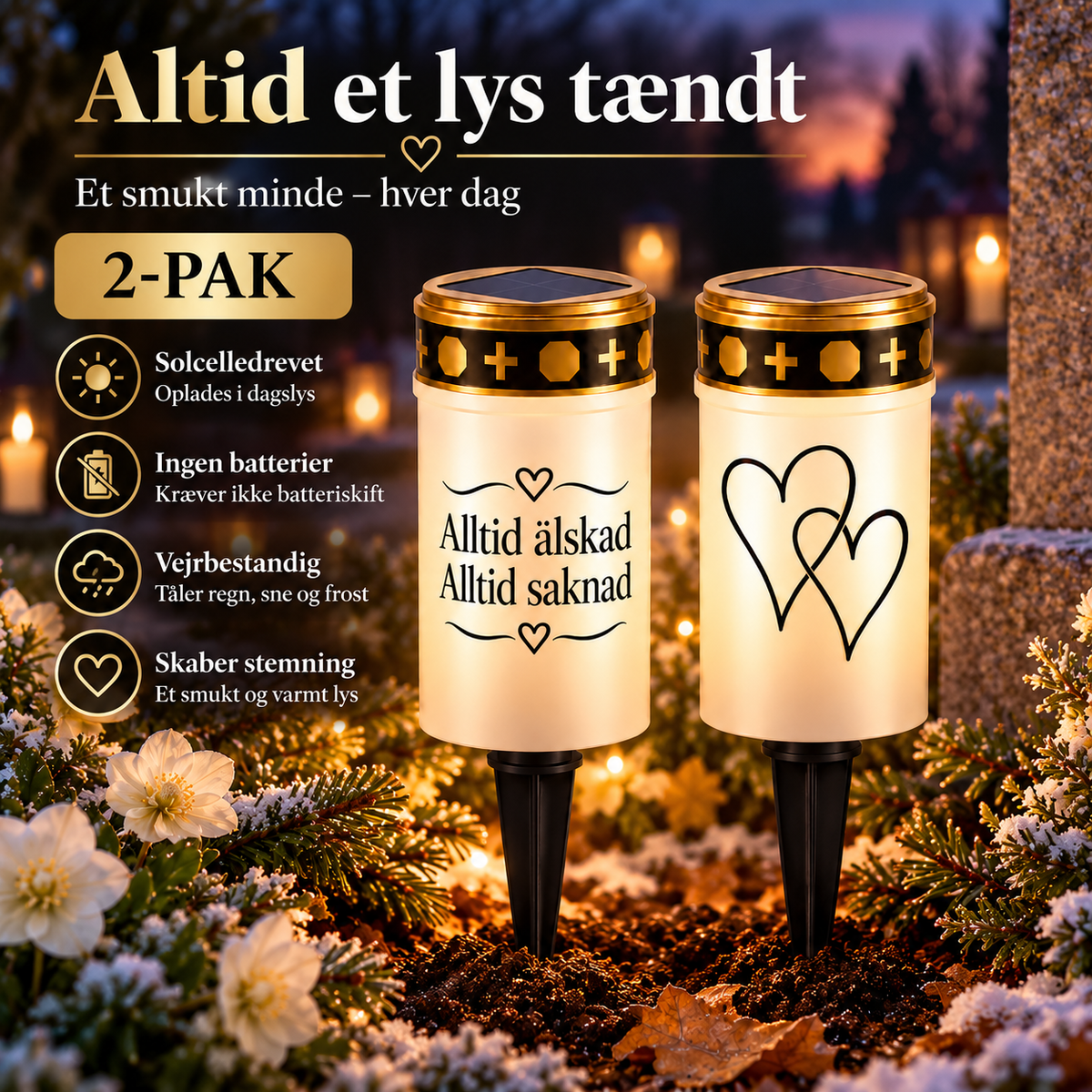 GravLys™ – Smukke mindelys med LED, solcelle og batteridrift