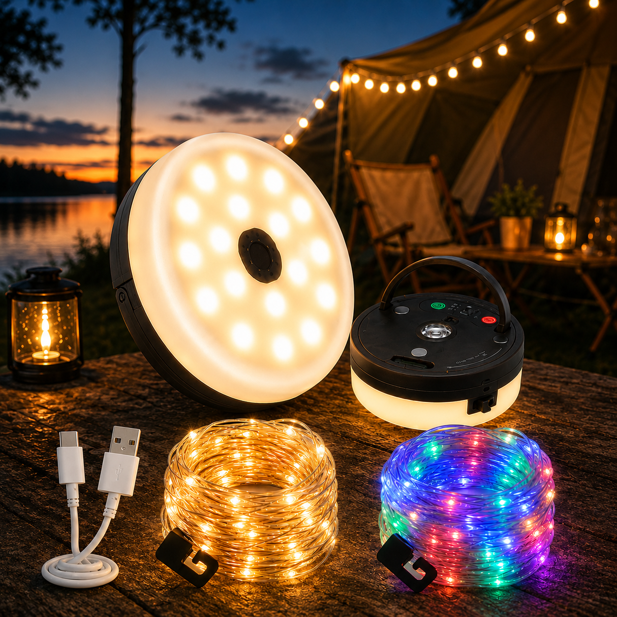 LejrLys™ 4-i-1 – Campinglampe med lyskæde & powerbank