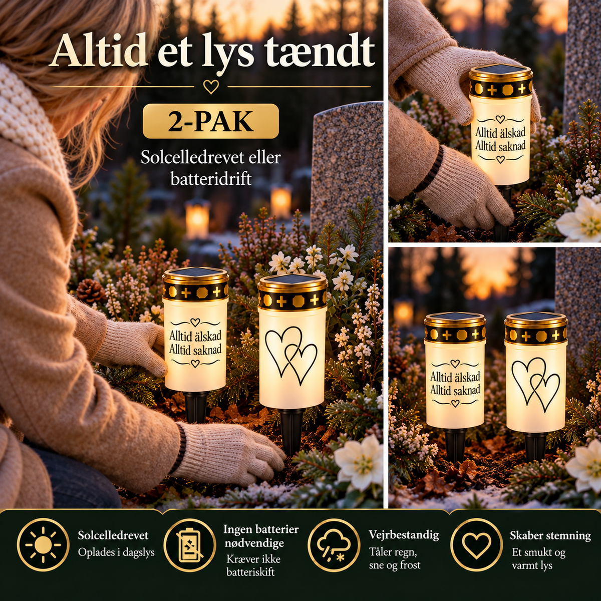 GravLys™ – Smukke mindelys med LED, solcelle og batteridrift