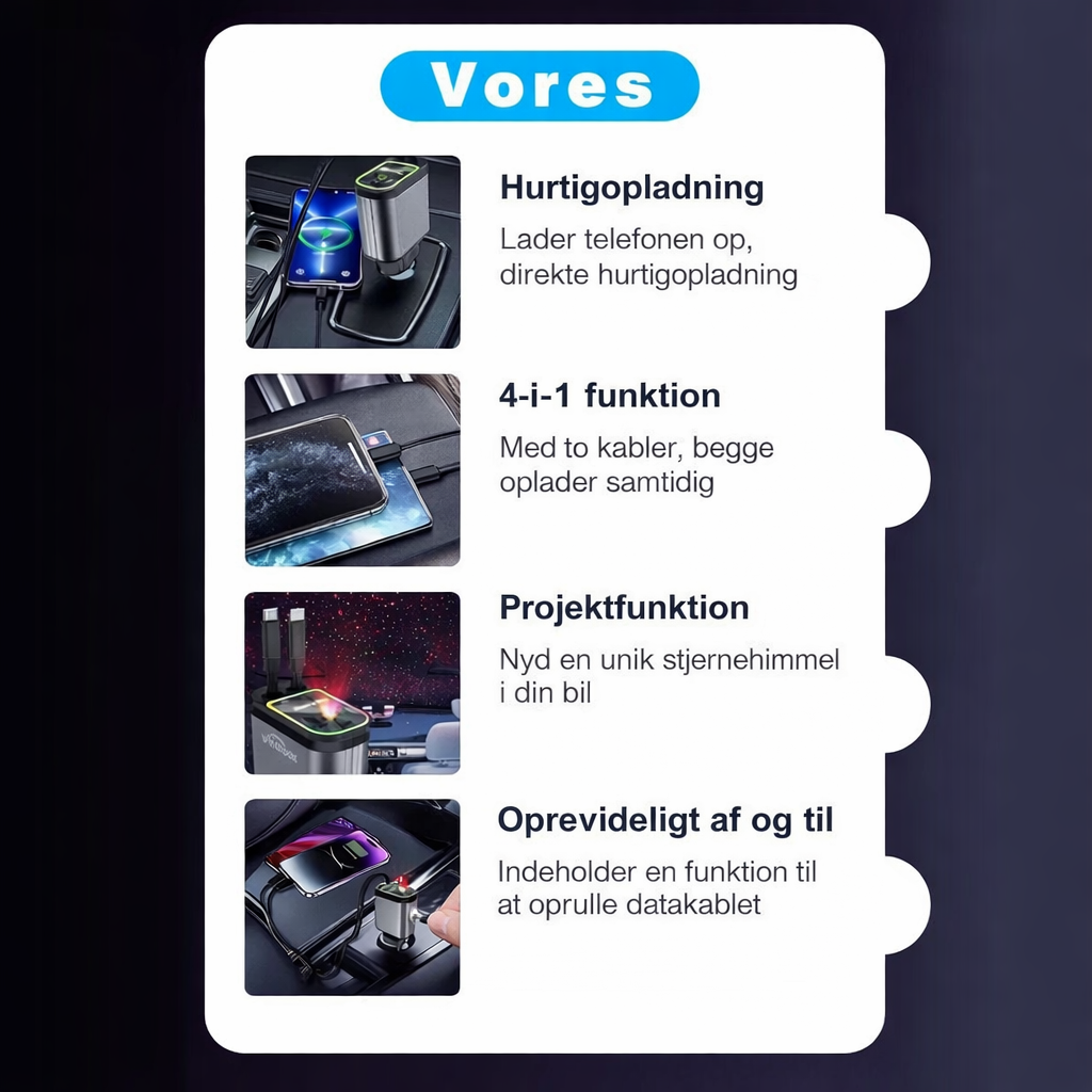 AutoLys™ – 4-i-1 Hurtigoplader med Stjernehimmel