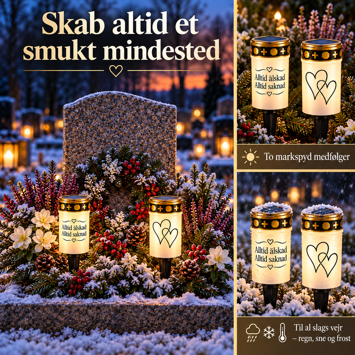 GravLys™ – Smukke mindelys med LED, solcelle og batteridrift