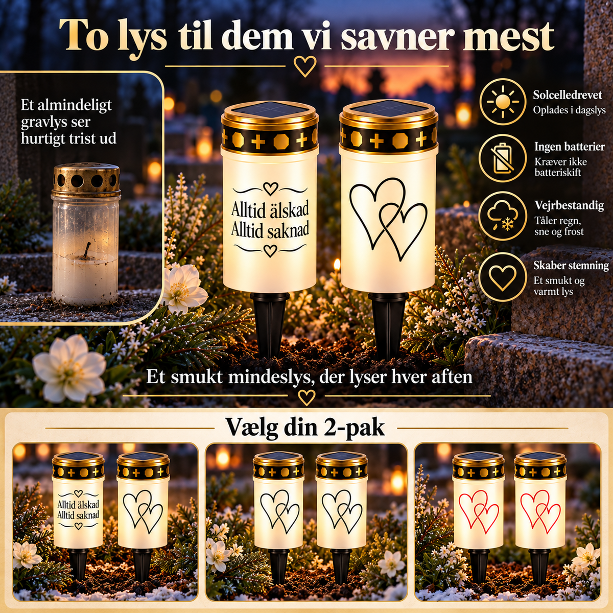 GravLys™ – Smukke mindelys med LED, solcelle og batteridrift