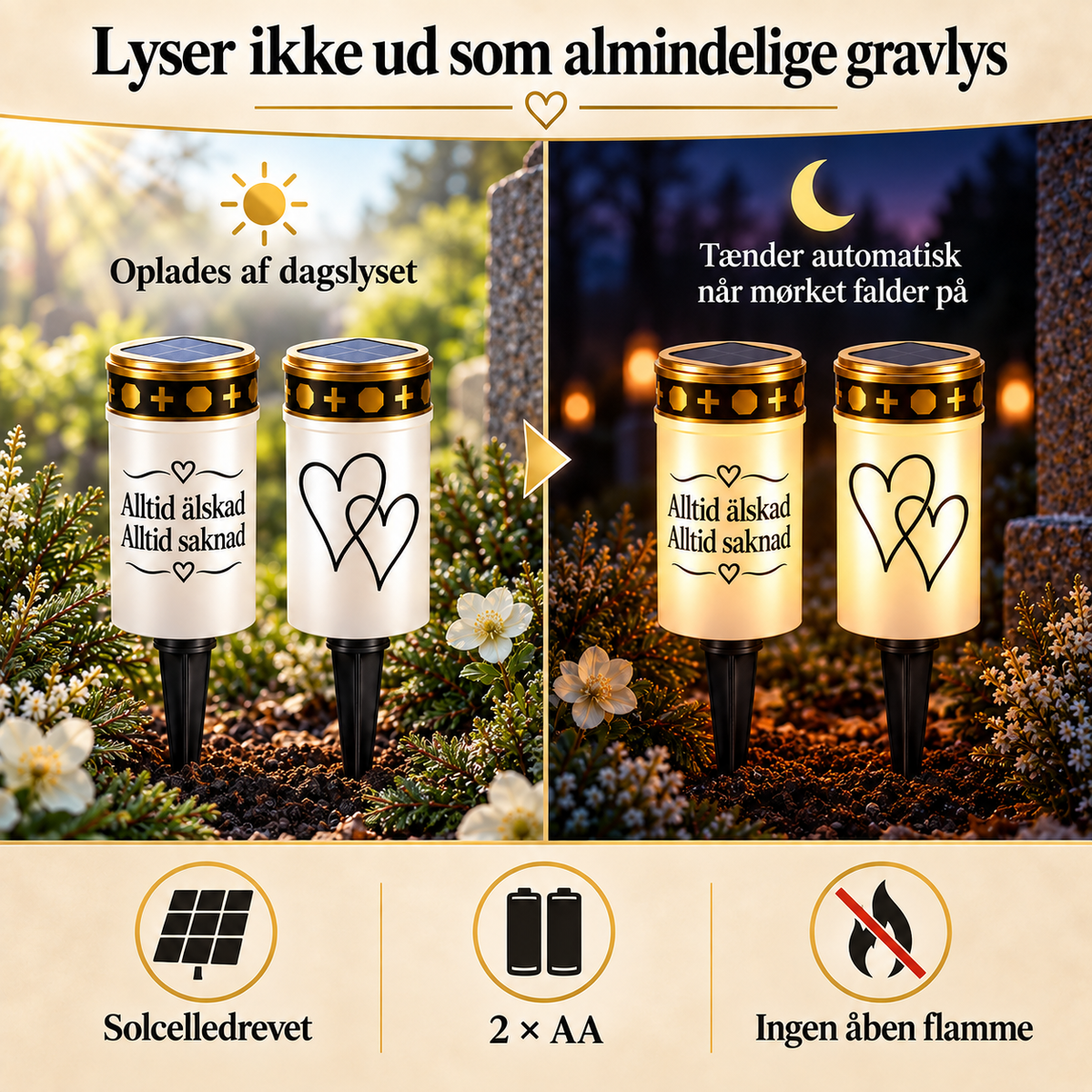 GravLys™ – Smukke mindelys med LED, solcelle og batteridrift